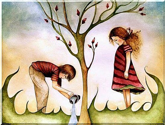 Boy And A Girl Watering A Tree As A Symbol Of The Importance Of Nurturing Your Creativity