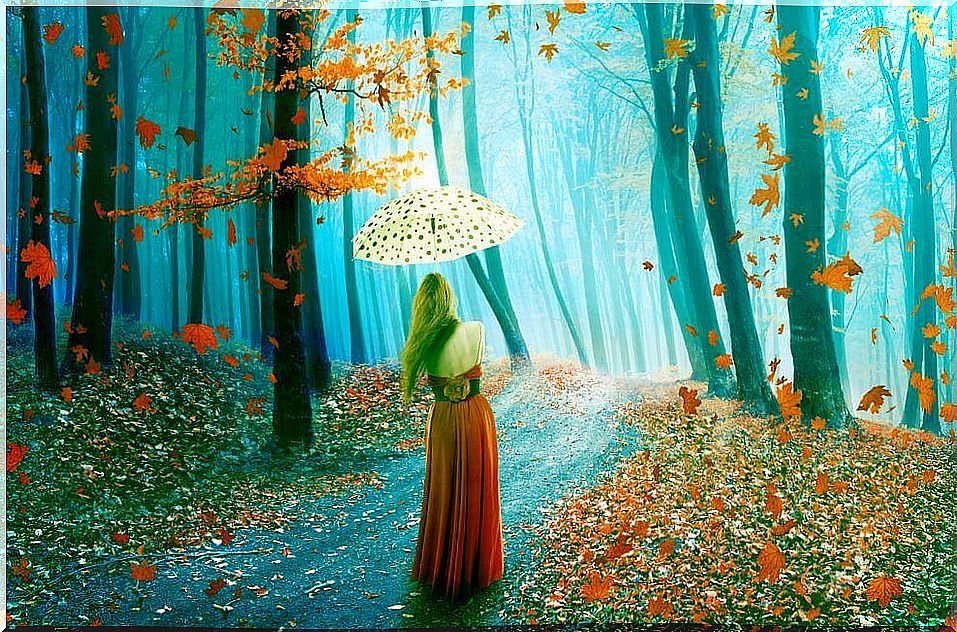 A woman with an umbrella walks through the forest.