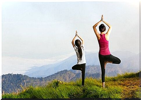 Mother and daughter doing the tree pose