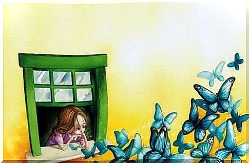 Girl deals with everyday grief and releases blue butterflies