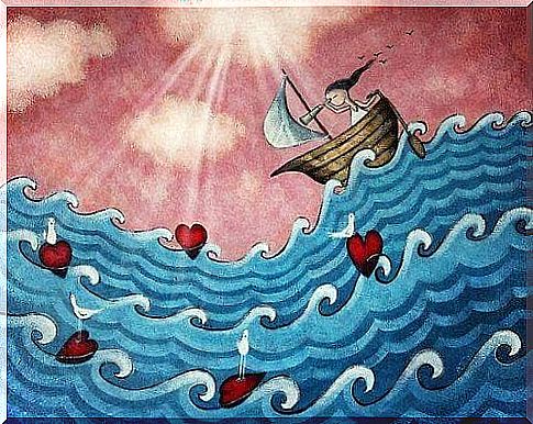 Woman at sea with waves of hearts