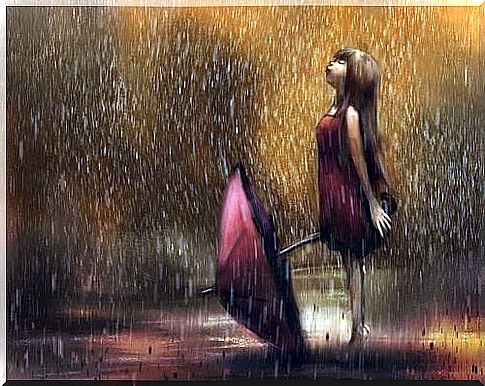 Girl Standing Without Umbrella In The Rain