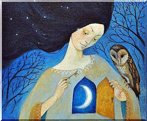 Woman with an owl on her arm and a door in her chest behind which a moon can be seen