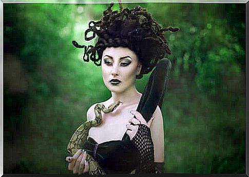 A woman dressed as Medusa