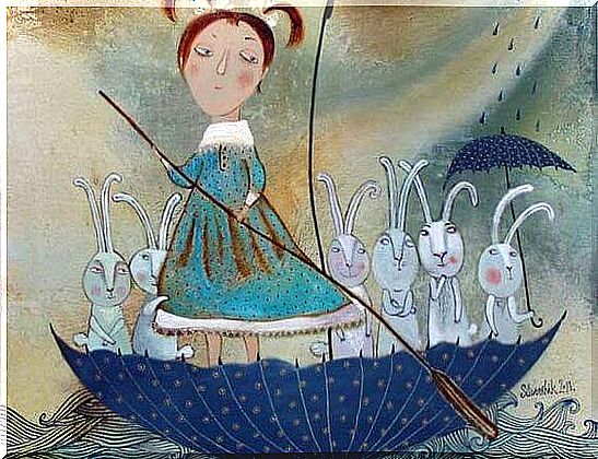 Girl Walking With A Few Rabbits In An Umbrella Over The Ocean Living Together In Peace