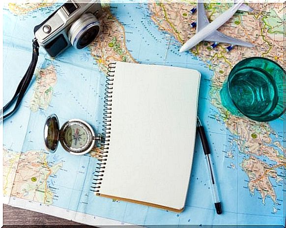 World map, camera, compass