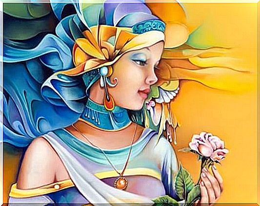 Colorful woman with a flower in her hand who thinks: I am the master of my own heart